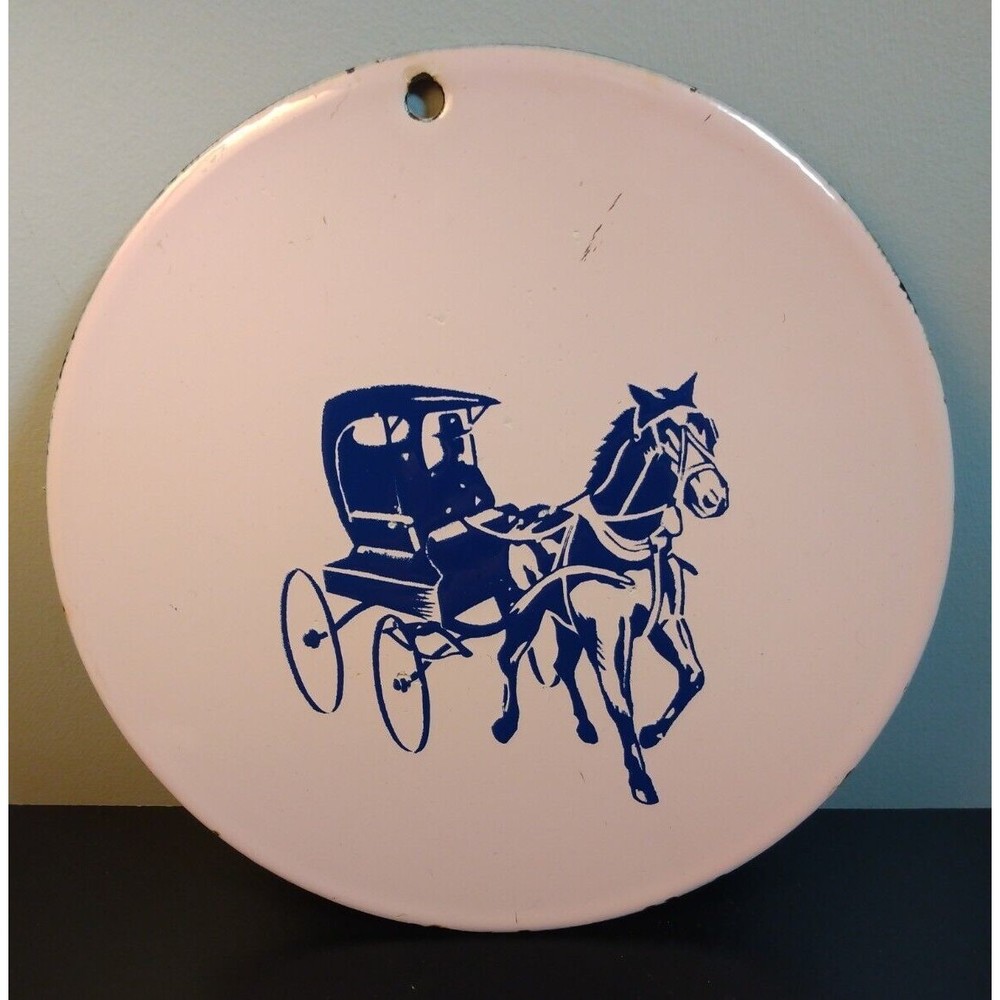 Horse Carriage Pink Blue Metal Plaque Sign Round Wall Decor Victorian Vintage
